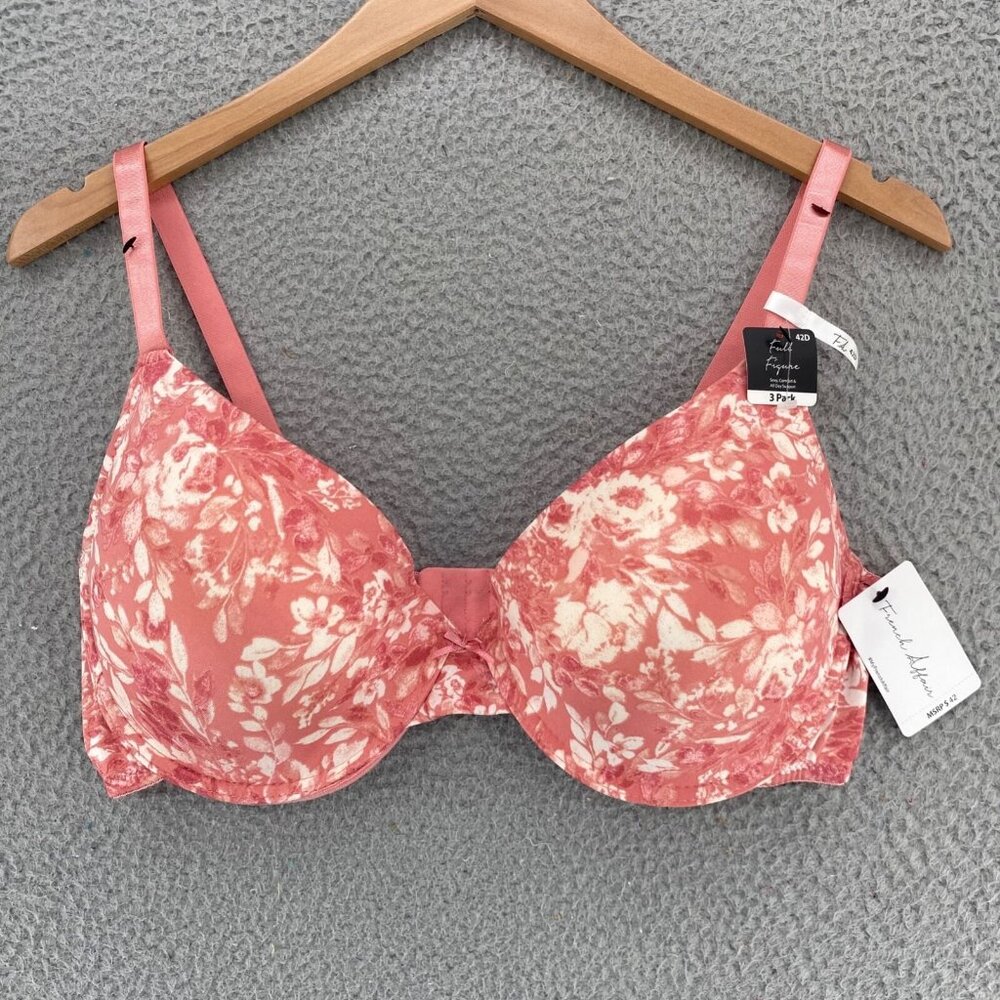 French Affair Bra Women 42D Pink Floral Full Figure Stretch Padded Underwire NWT